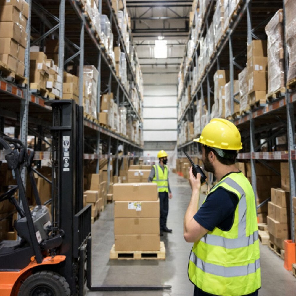 Superviseur entrepôt avec talkie walkie location pour coordination opérations et équipes