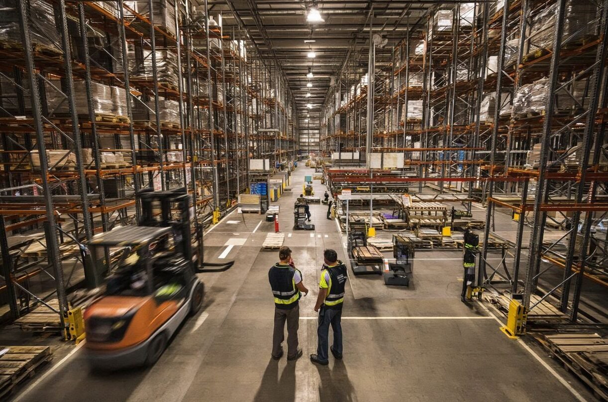 Entrepôt logistique en activité, radios professionnelles pour coordination équipes et flux opérations