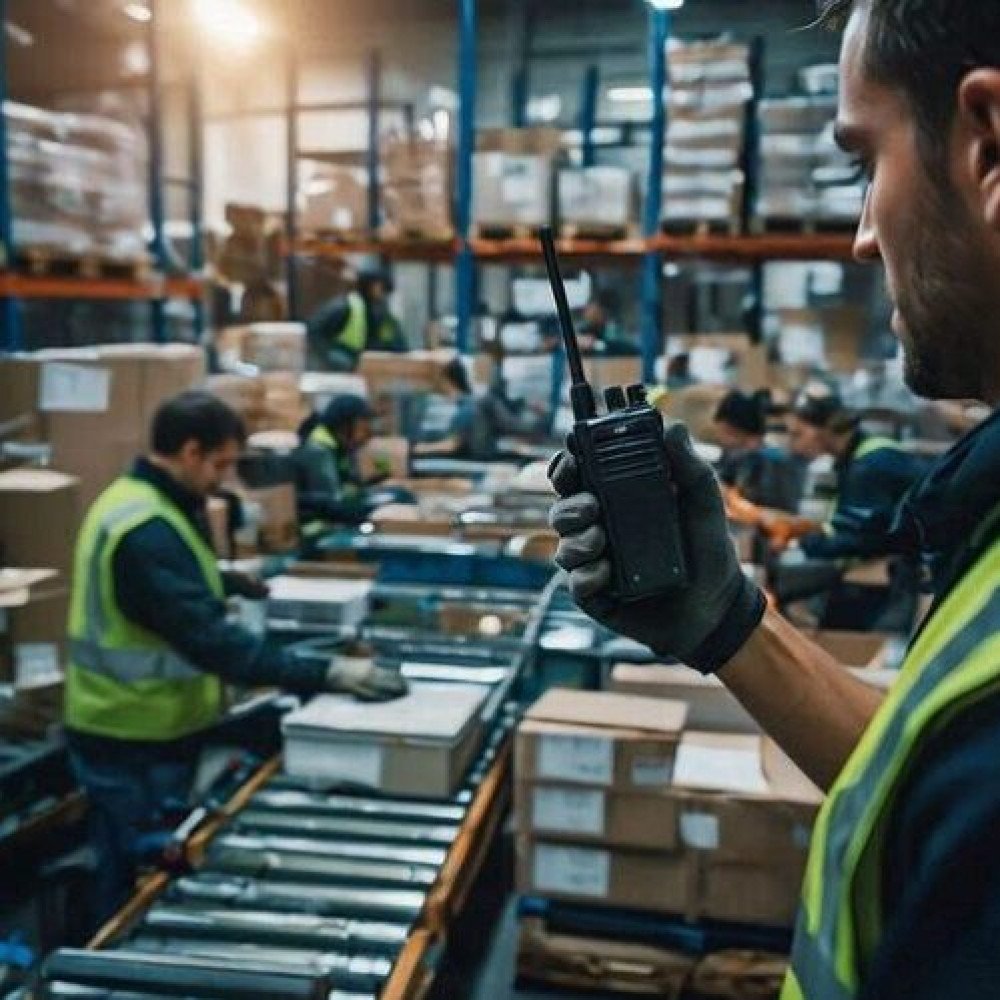Équipes préparation commandes, radio portative pour coordination immédiate et gestion priorités