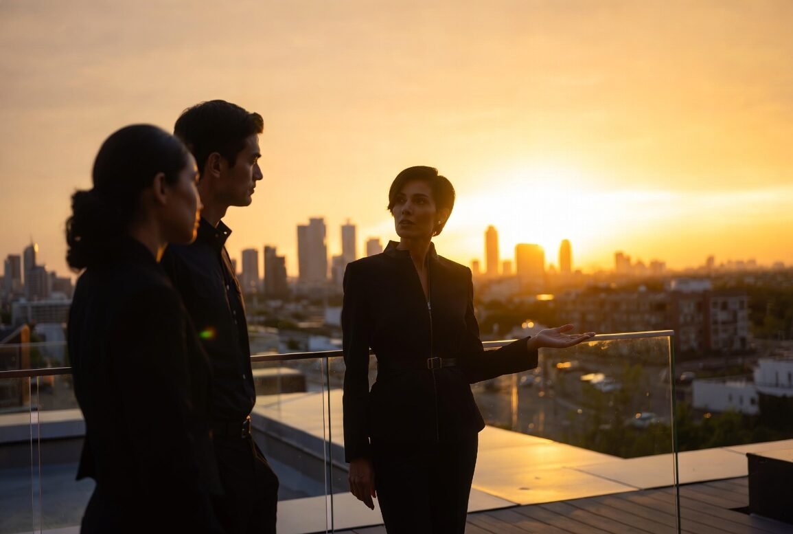 Équipe Sabbah Communication en briefing opérationnel sur site avec vue urbaine