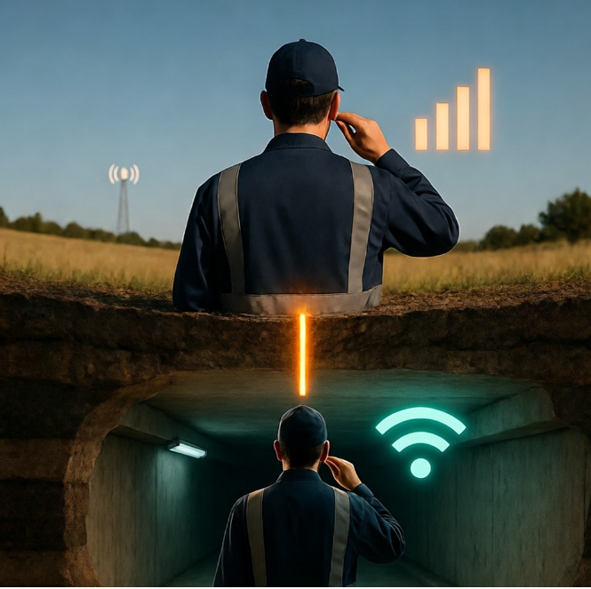 Illustration interconnexion radio multi-technologies : communication entre un opérateur en extérieur via réseau cellulaire et un opérateur en souterrain via WiFi, reliés par une passerelle radio
