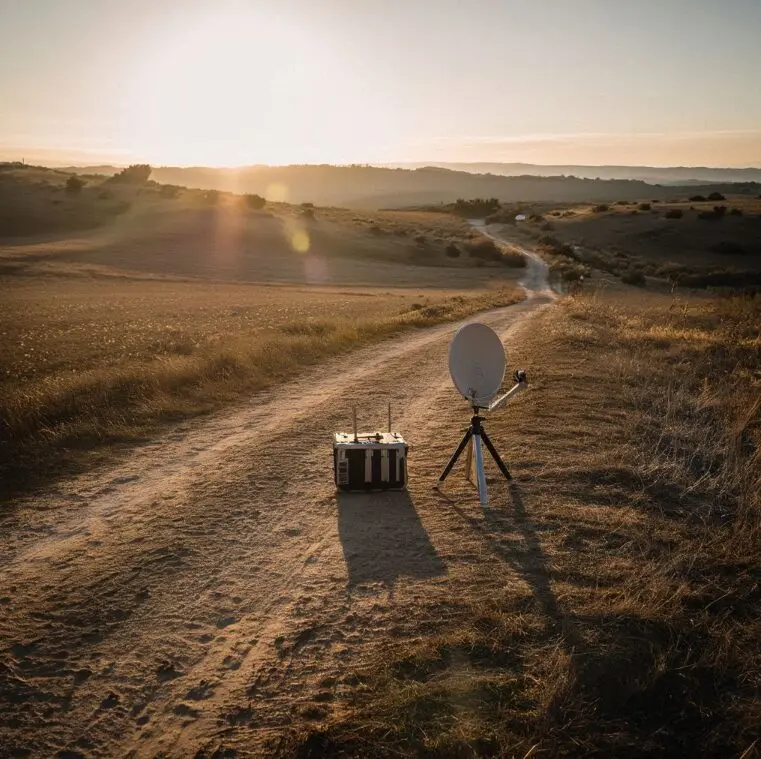 Déploiement d'une solution internet temporaire par satellite en zone isolée : antenne satellite portable installée sur site sans infrastructure existante