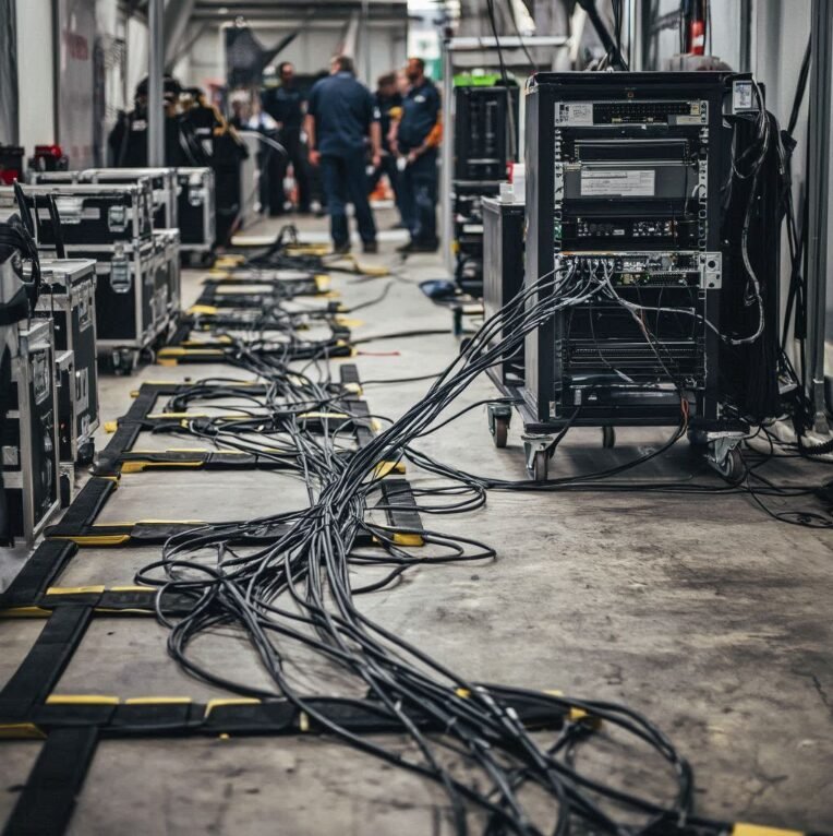 Visualisation abstraite d'un réseau LAN temporaire : infrastructure filaire centrale reliant les différents systèmes de communication sur site