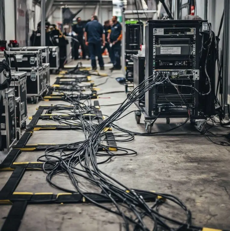 Visualisation abstraite d'un réseau LAN temporaire : infrastructure filaire centrale reliant les différents systèmes de communication sur site